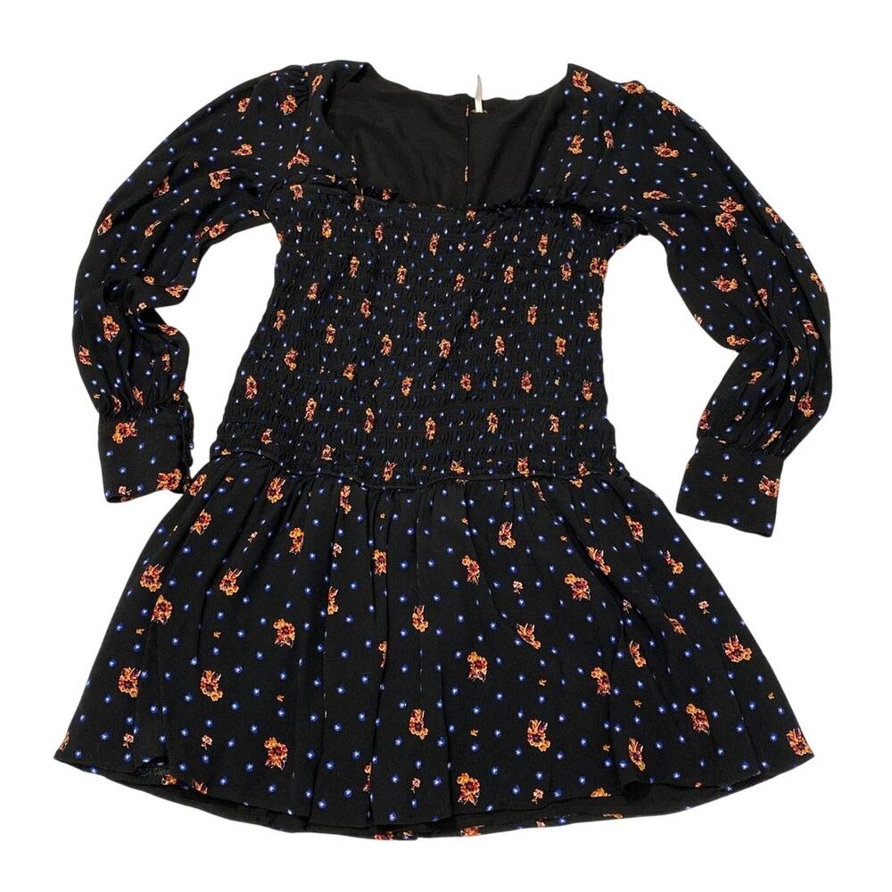 Free People Two Faces Floral Print Witchy Dress Large Bohemian Ruche Stretch LG